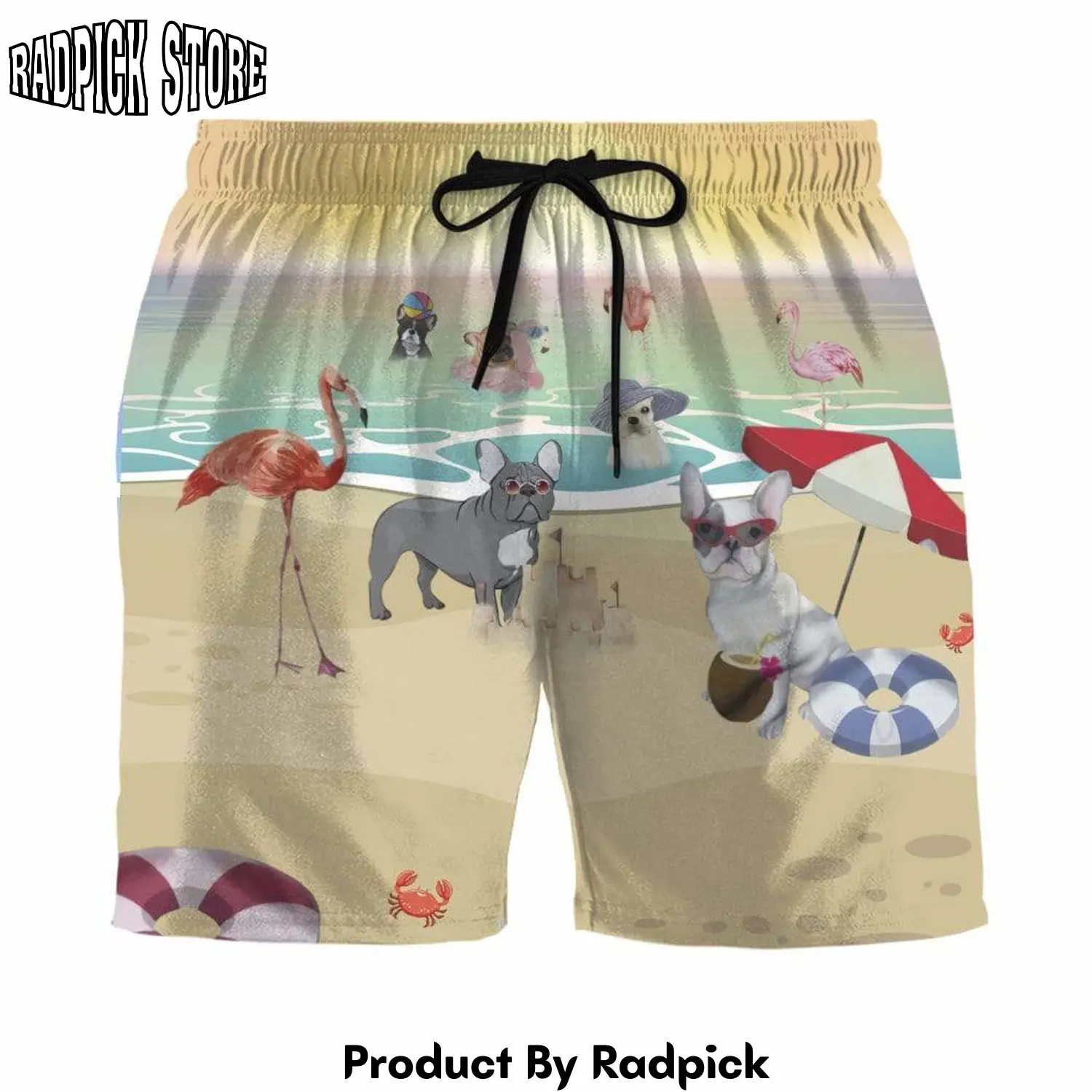 Radpick 3d french bulldog with flamingo at the beach summer beach shorts swim trunks rp631512